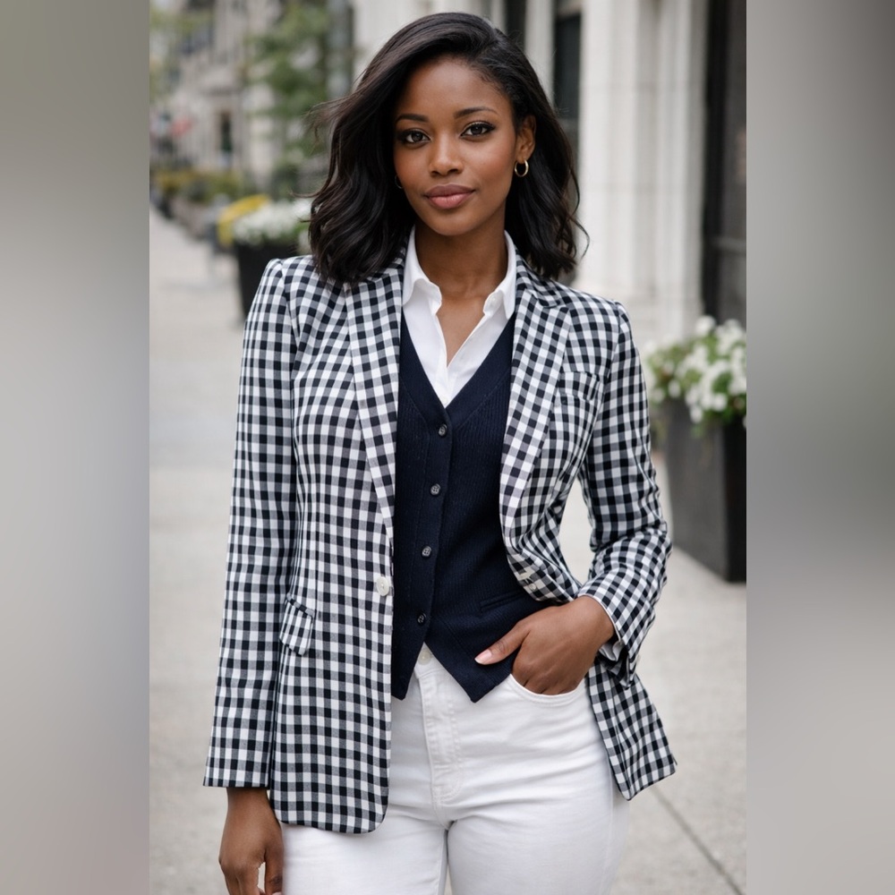 Banana Republic Navy and White Gingham Tailored Two Button Blazer